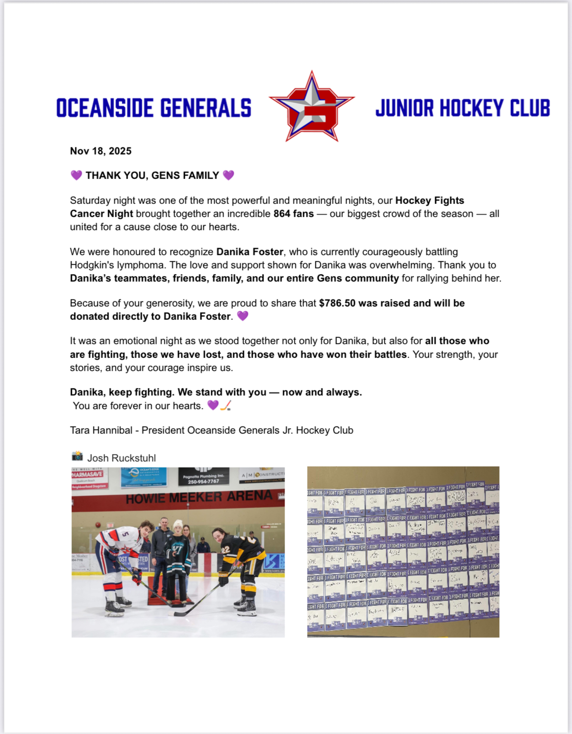 Message from Team President on our Hockey Fights Cancer Night